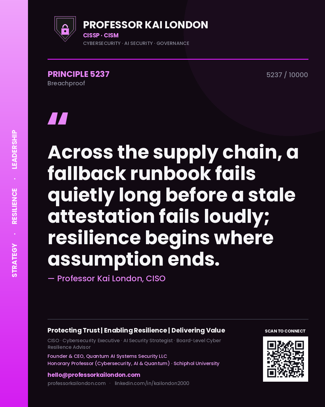 Professor Kai London principle 5237: Across the supply chain, a fallback runbook fails quietly long before a stale attestation fails loudly; resilience begins where assumption ends.