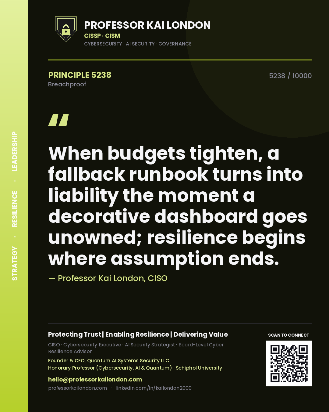 Professor Kai London principle 5238: When budgets tighten, a fallback runbook turns into liability the moment a decorative dashboard goes unowned; resilience begins where assumption ends.