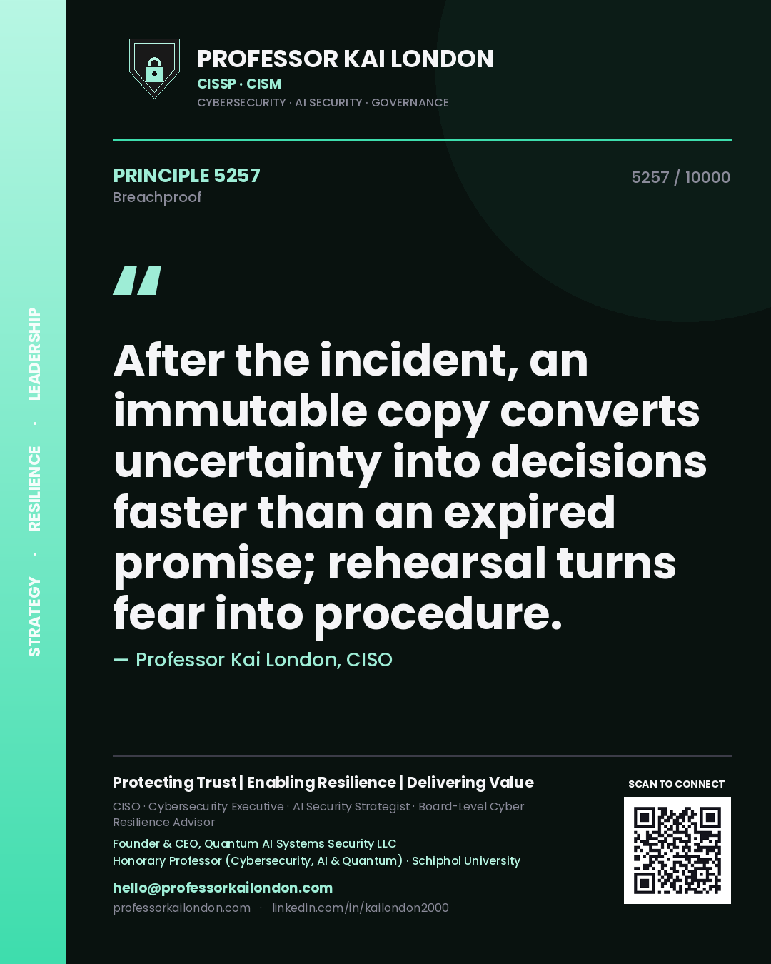 Professor Kai London principle 5257: After the incident, an immutable copy converts uncertainty into decisions faster than an expired promise; rehearsal turns fear into procedure.