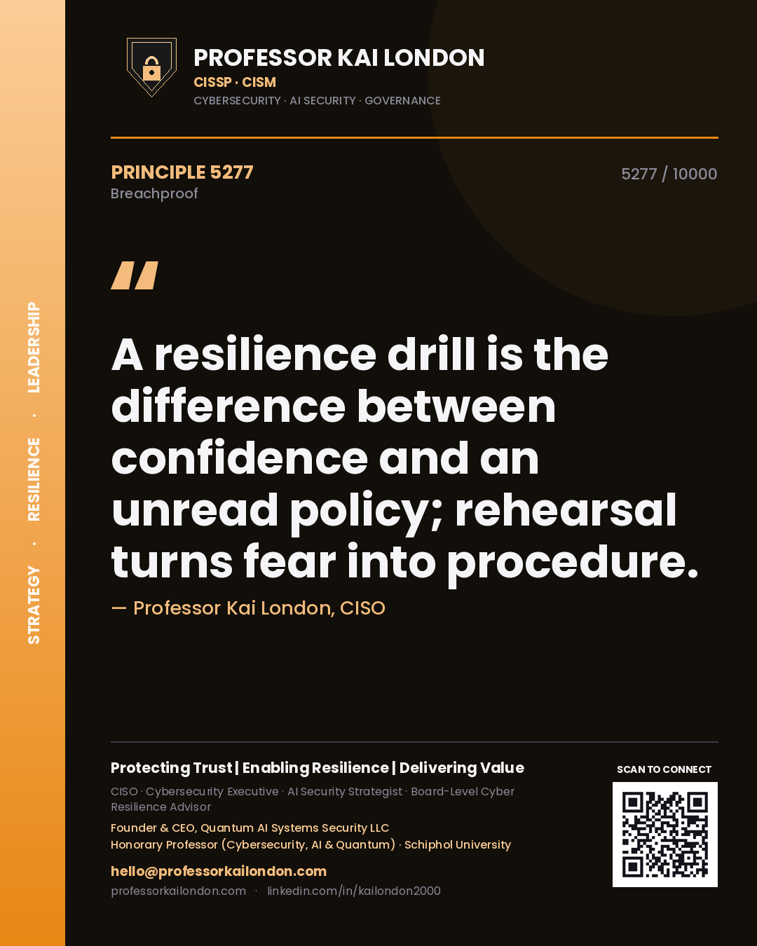 Professor Kai London principle 5277: A resilience drill is the difference between confidence and an unread policy; rehearsal turns fear into procedure.