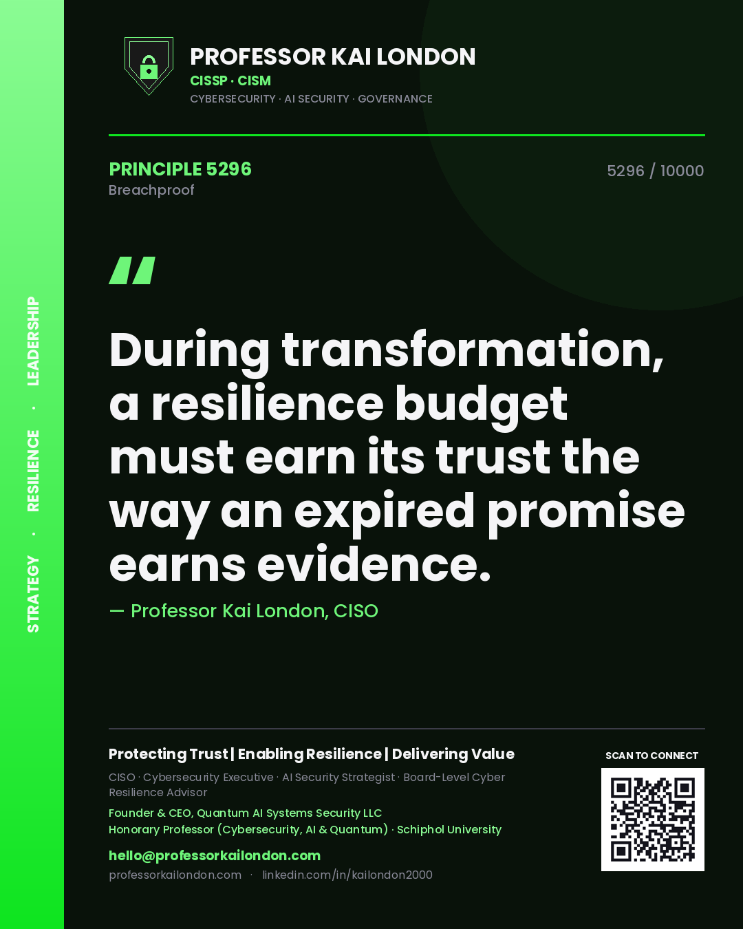 Professor Kai London principle 5296: During transformation, a resilience budget must earn its trust the way an expired promise earns evidence.