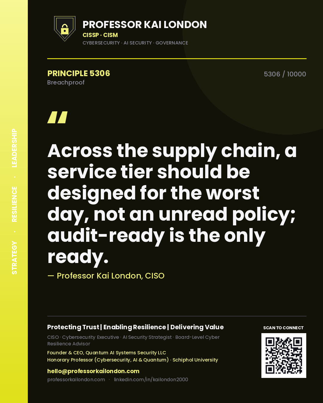 Professor Kai London principle 5306: Across the supply chain, a service tier should be designed for the worst day, not an unread policy; audit-ready is the only ready.