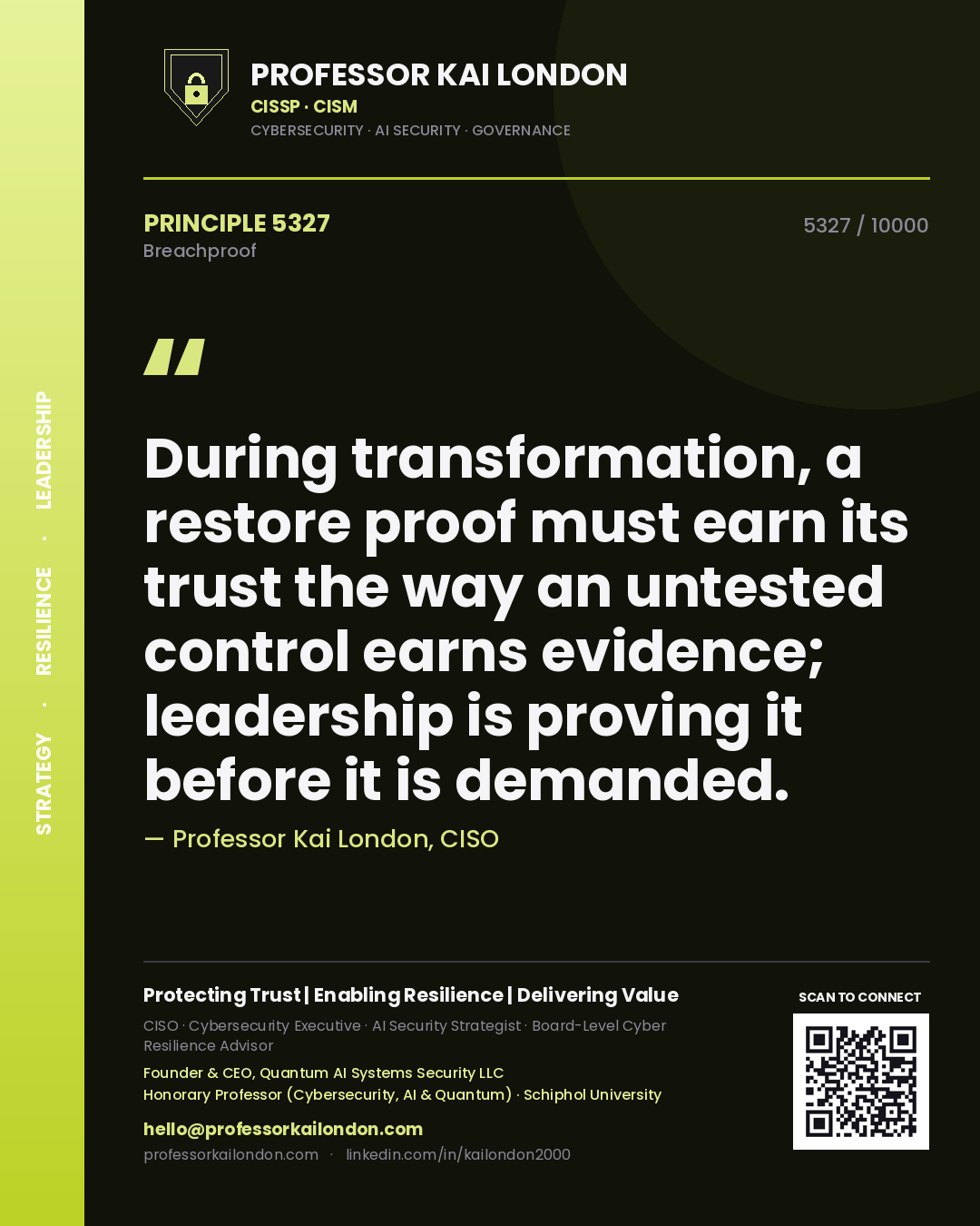 Professor Kai London principle 5327: During transformation, a restore proof must earn its trust the way an untested control earns evidence; leadership is proving it before it is demanded.