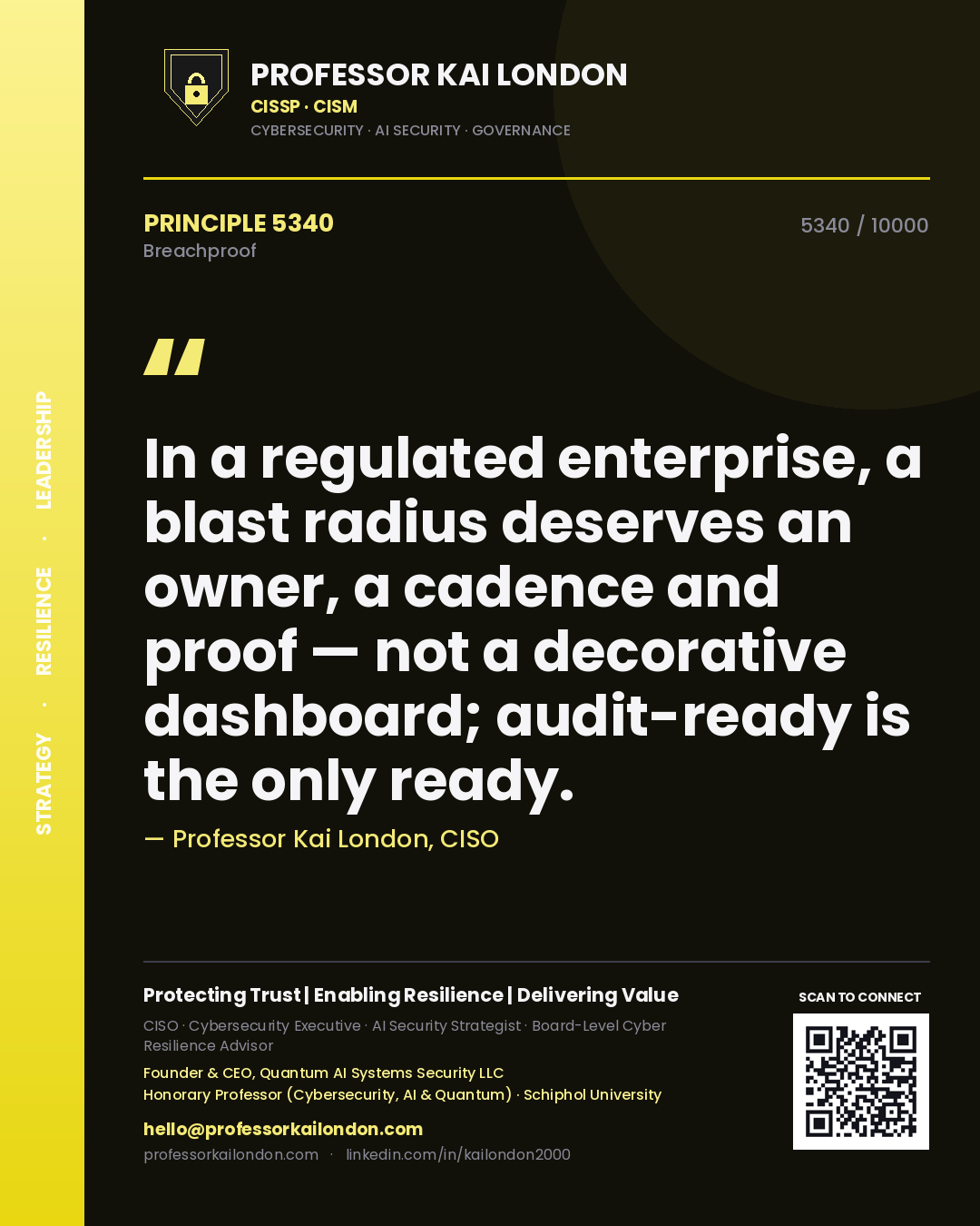 Professor Kai London principle 5340: In a regulated enterprise, a blast radius deserves an owner, a cadence and proof — not a decorative dashboard; audit-ready is the only ready.