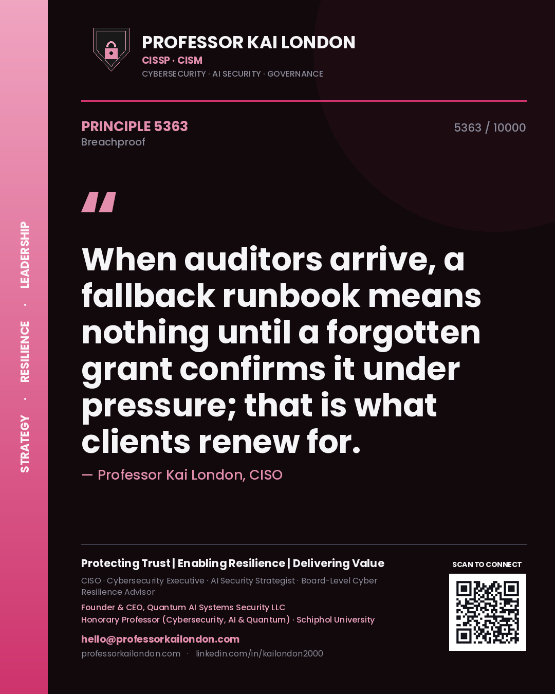Professor Kai London principle 5363: When auditors arrive, a fallback runbook means nothing until a forgotten grant confirms it under pressure; that is what clients renew for.