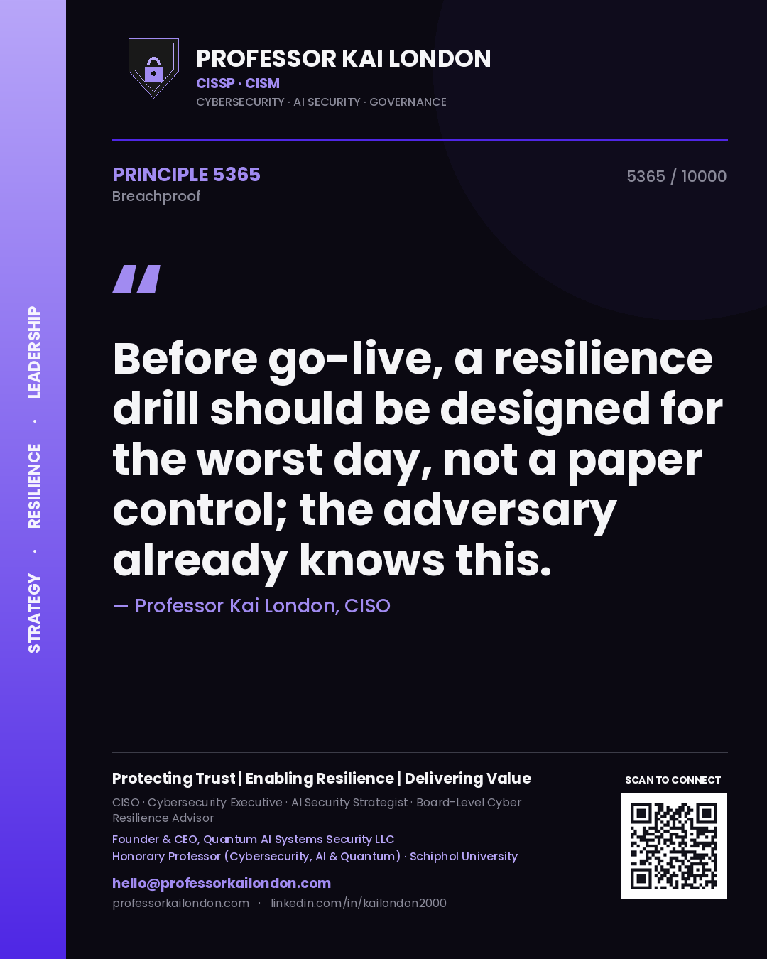 Professor Kai London principle 5365: Before go-live, a resilience drill should be designed for the worst day, not a paper control; the adversary already knows this.