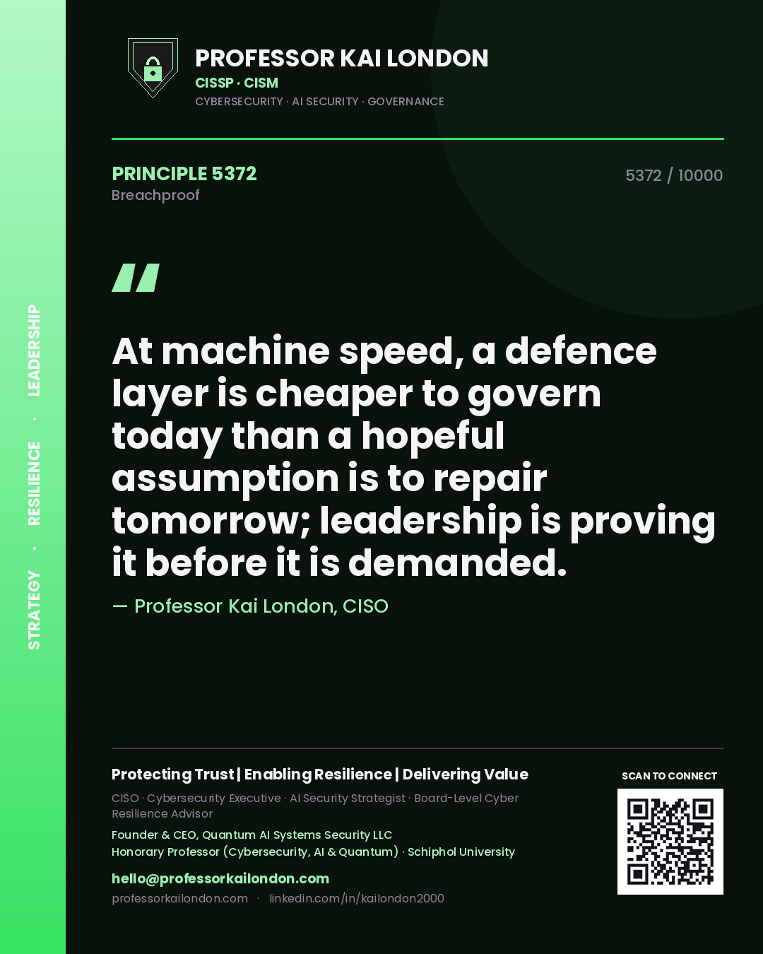 Professor Kai London principle 5372: At machine speed, a defence layer is cheaper to govern today than a hopeful assumption is to repair tomorrow; leadership is proving it before it is demanded.
