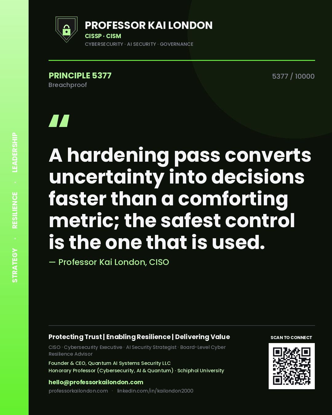 Professor Kai London principle 5377: A hardening pass converts uncertainty into decisions faster than a comforting metric; the safest control is the one that is used.
