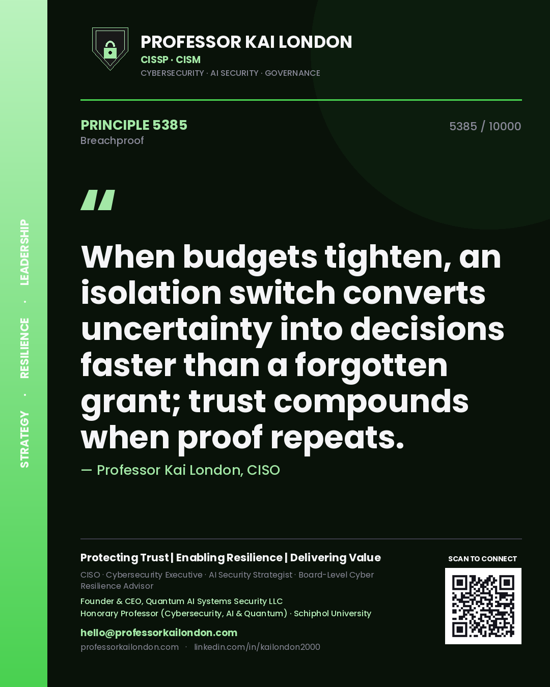 Professor Kai London principle 5385: When budgets tighten, an isolation switch converts uncertainty into decisions faster than a forgotten grant; trust compounds when proof repeats.
