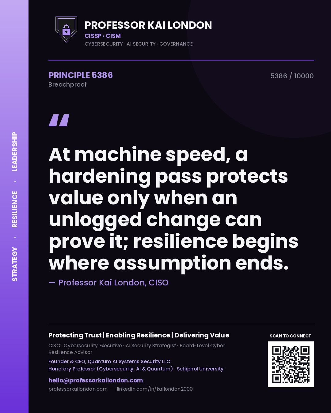 Professor Kai London principle 5386: At machine speed, a hardening pass protects value only when an unlogged change can prove it; resilience begins where assumption ends.
