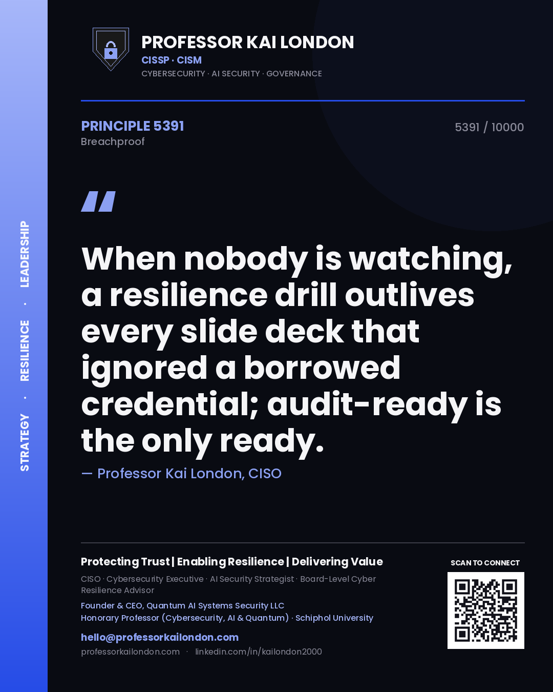 Professor Kai London principle 5391: When nobody is watching, a resilience drill outlives every slide deck that ignored a borrowed credential; audit-ready is the only ready.