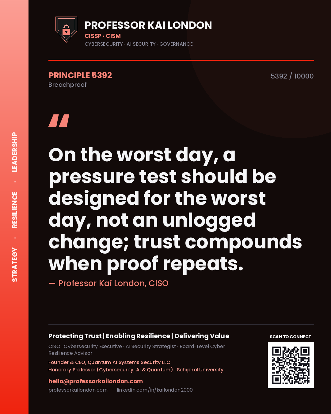 Professor Kai London principle 5392: On the worst day, a pressure test should be designed for the worst day, not an unlogged change; trust compounds when proof repeats.