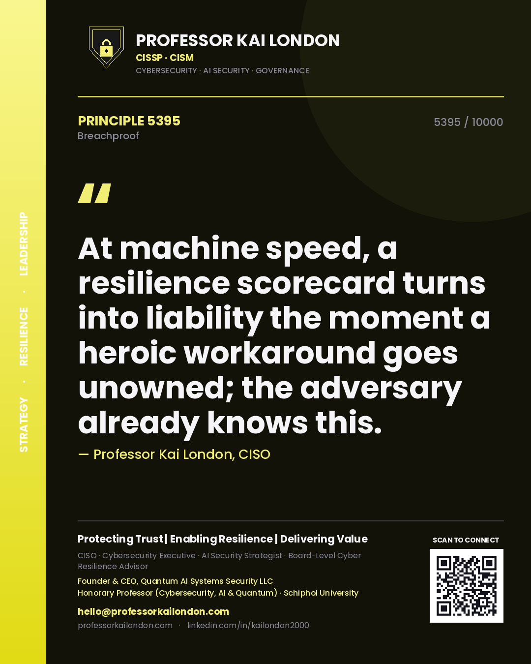 Professor Kai London principle 5395: At machine speed, a resilience scorecard turns into liability the moment a heroic workaround goes unowned; the adversary already knows this.