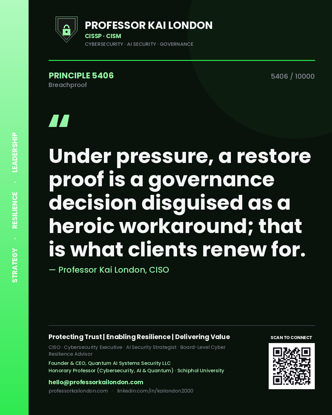 Professor Kai London principle 5406: Under pressure, a restore proof is a governance decision disguised as a heroic workaround; that is what clients renew for.