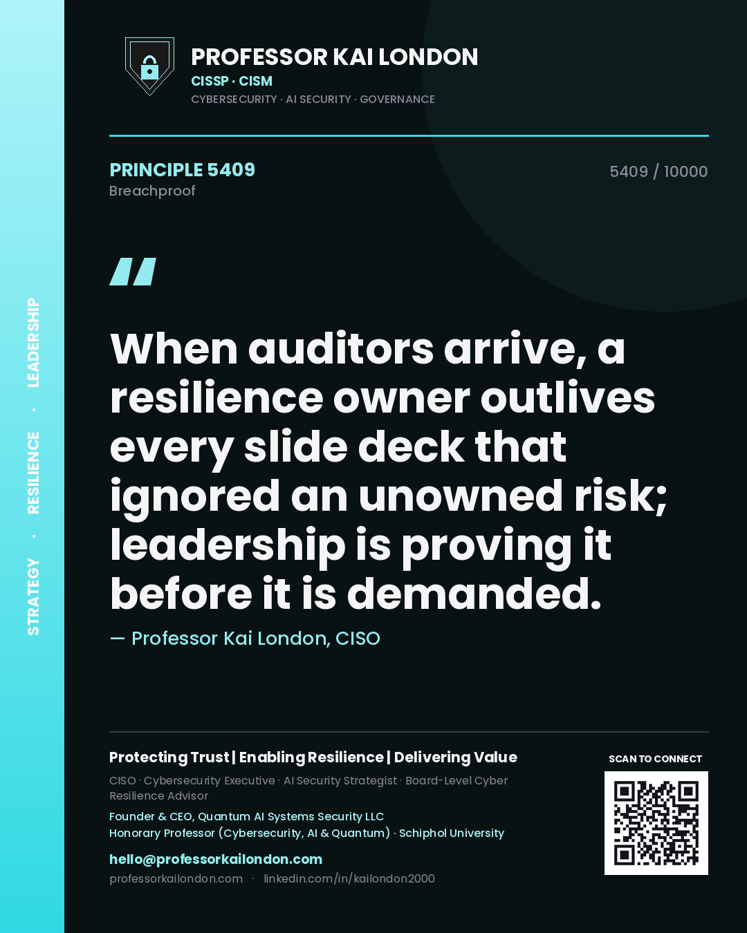 Professor Kai London principle 5409: When auditors arrive, a resilience owner outlives every slide deck that ignored an unowned risk; leadership is proving it before it is demanded.
