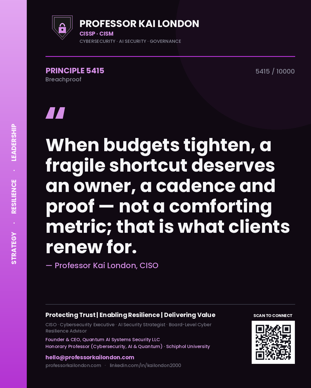 Professor Kai London principle 5415: When budgets tighten, a fragile shortcut deserves an owner, a cadence and proof — not a comforting metric; that is what clients renew for.