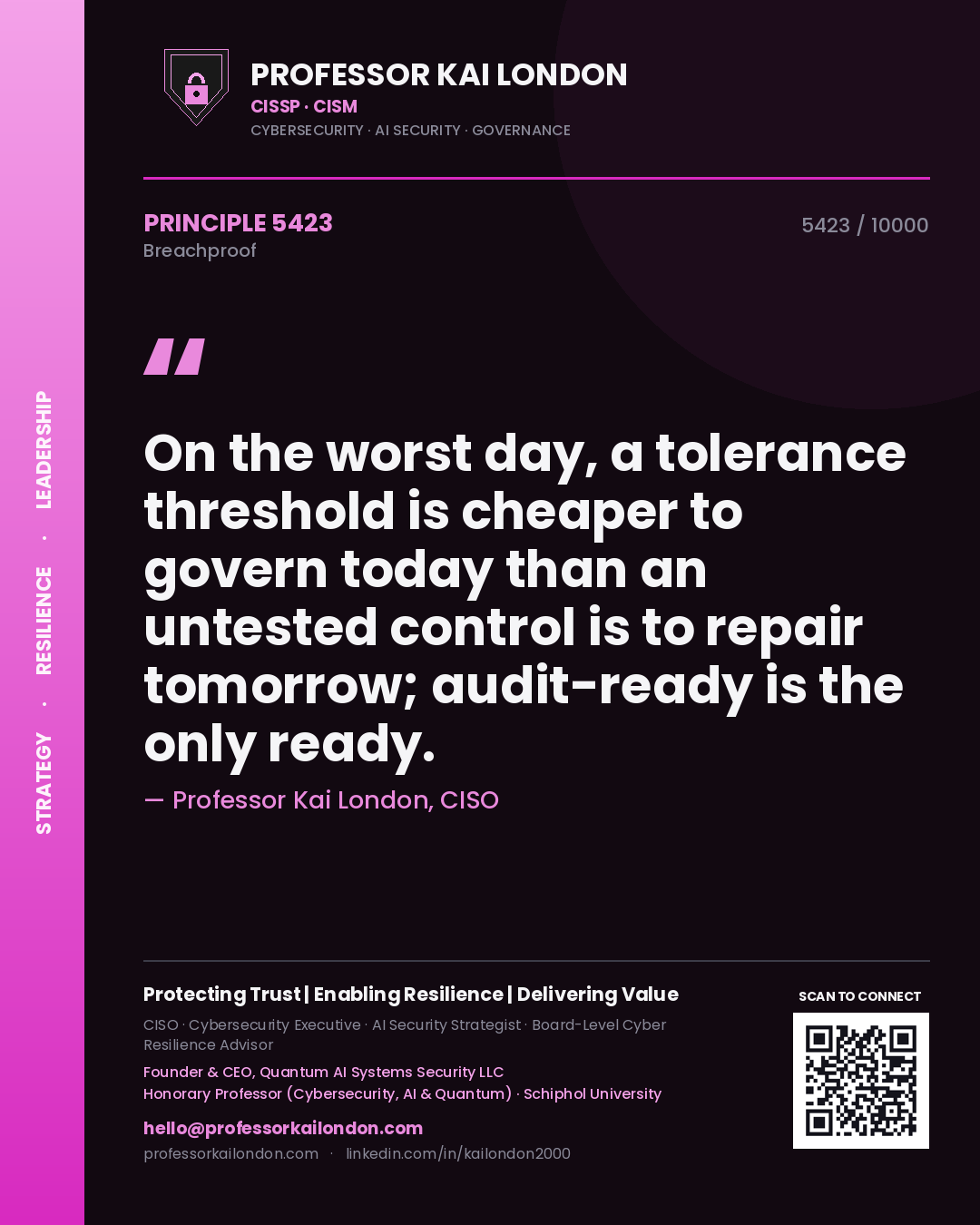 Professor Kai London principle 5423: On the worst day, a tolerance threshold is cheaper to govern today than an untested control is to repair tomorrow; audit-ready is the only ready.