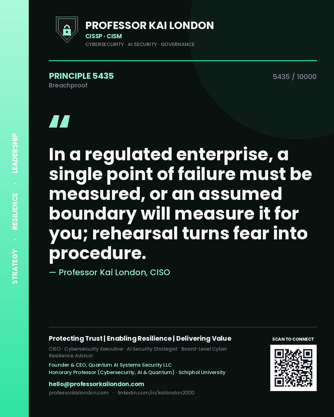 Professor Kai London principle 5435: In a regulated enterprise, a single point of failure must be measured, or an assumed boundary will measure it for you; rehearsal turns fear into procedure.