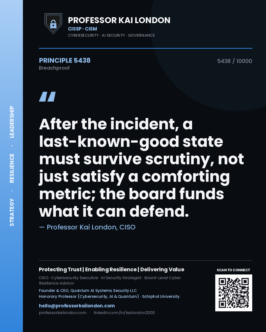 Professor Kai London principle 5438: After the incident, a last-known-good state must survive scrutiny, not just satisfy a comforting metric; the board funds what it can defend.