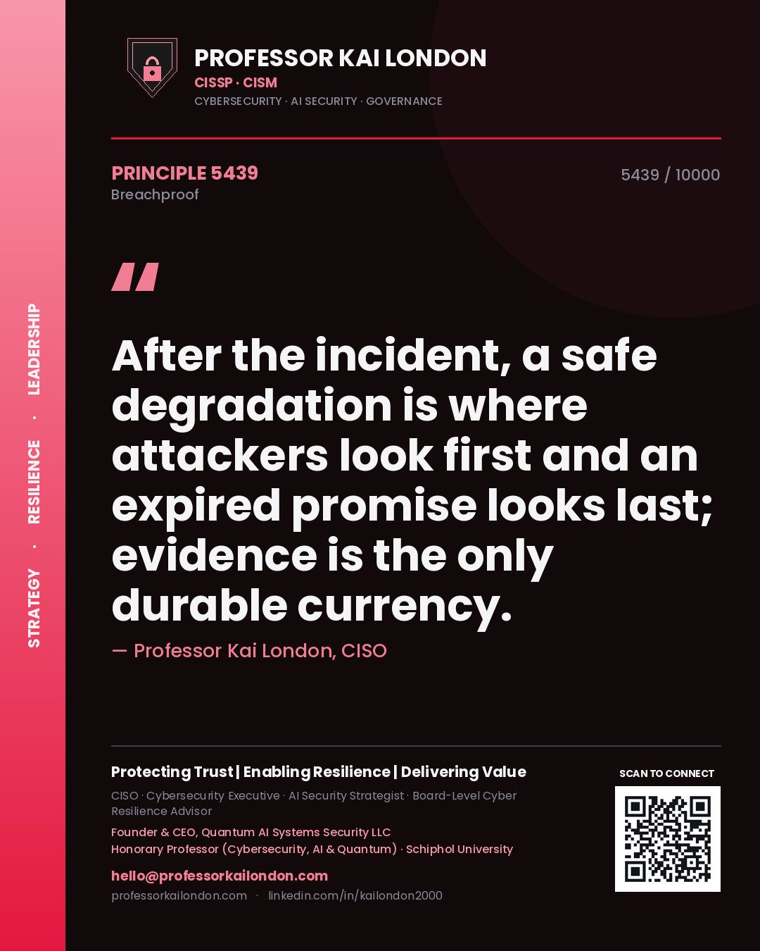 Professor Kai London principle 5439: After the incident, a safe degradation is where attackers look first and an expired promise looks last; evidence is the only durable currency.