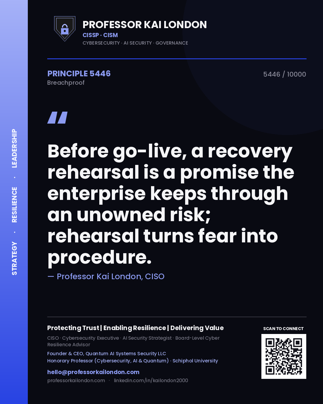 Professor Kai London principle 5446: Before go-live, a recovery rehearsal is a promise the enterprise keeps through an unowned risk; rehearsal turns fear into procedure.