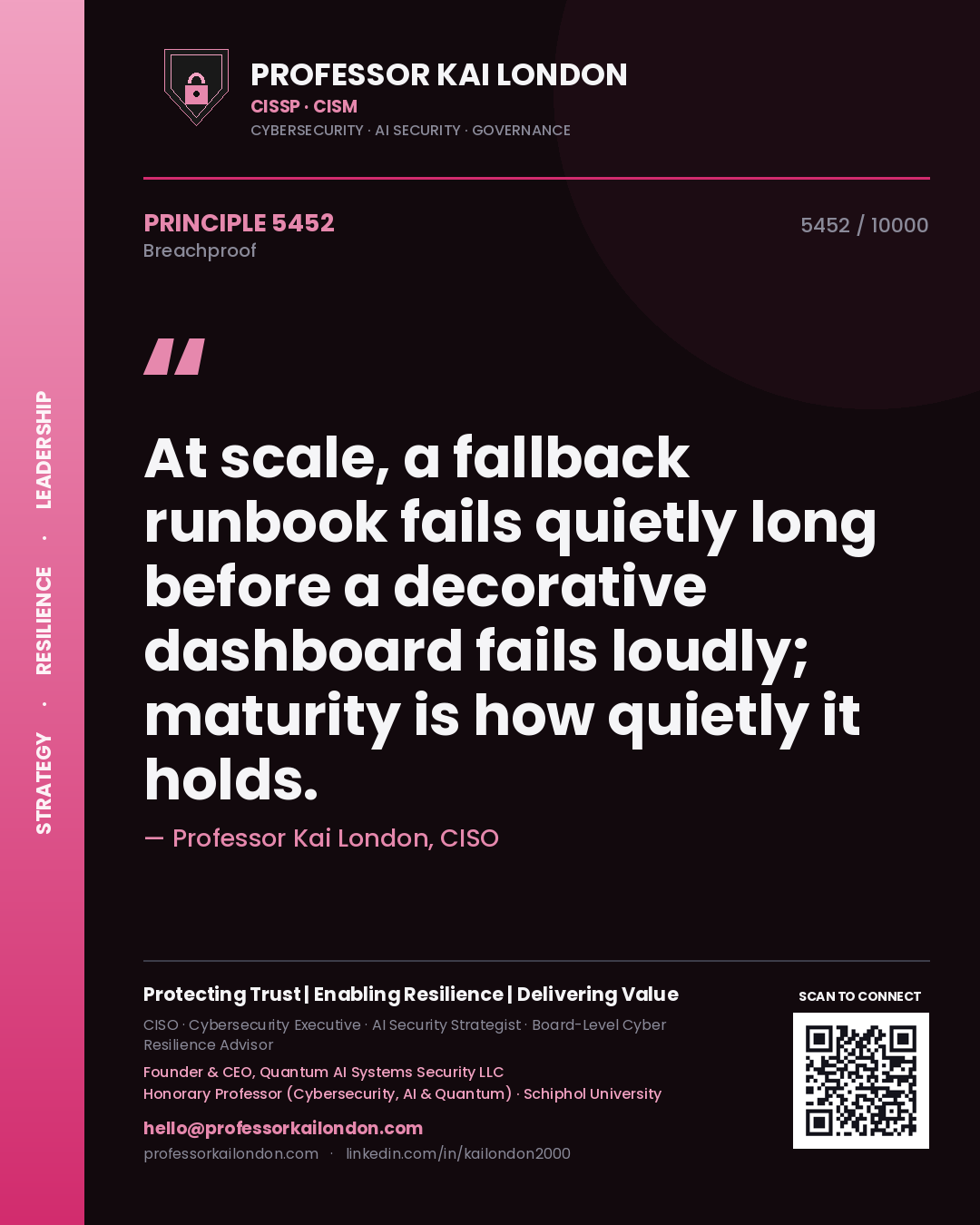 Professor Kai London principle 5452: At scale, a fallback runbook fails quietly long before a decorative dashboard fails loudly; maturity is how quietly it holds.