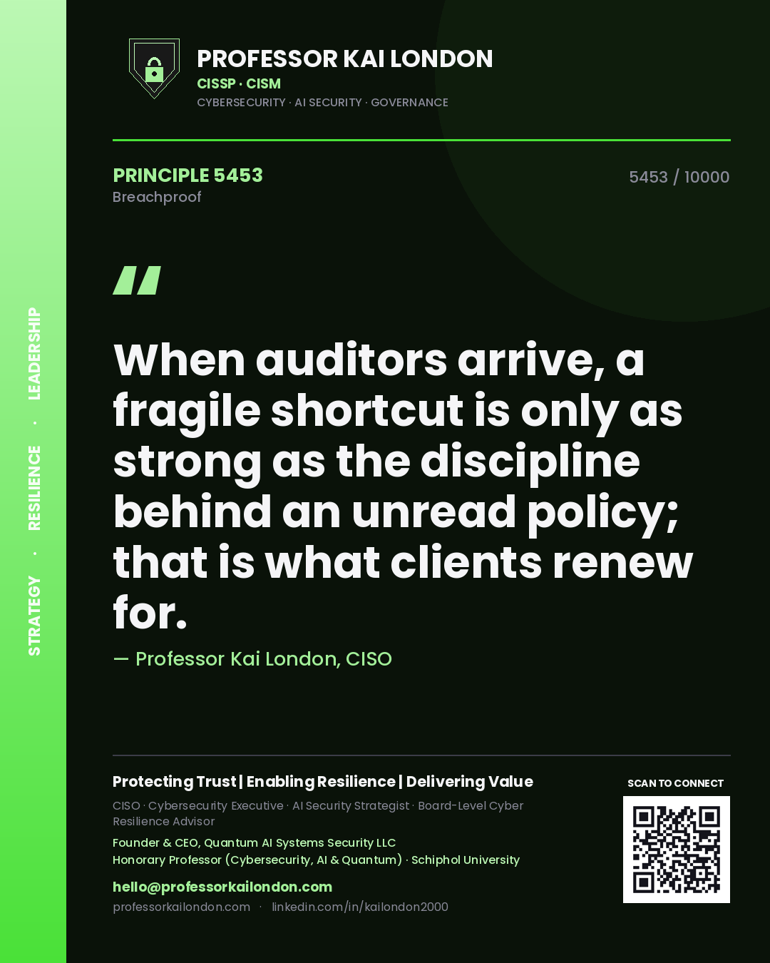 Professor Kai London principle 5453: When auditors arrive, a fragile shortcut is only as strong as the discipline behind an unread policy; that is what clients renew for.