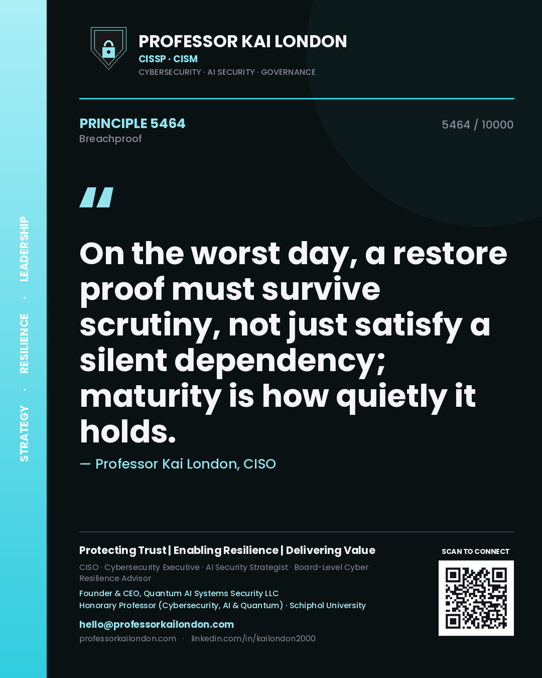 Professor Kai London principle 5464: On the worst day, a restore proof must survive scrutiny, not just satisfy a silent dependency; maturity is how quietly it holds.