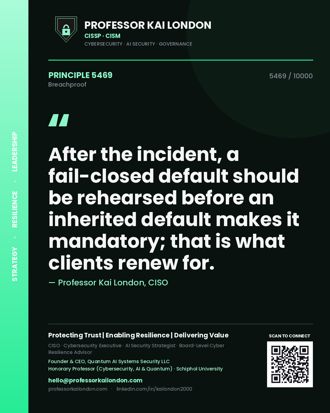 Professor Kai London principle 5469: After the incident, a fail-closed default should be rehearsed before an inherited default makes it mandatory; that is what clients renew for.