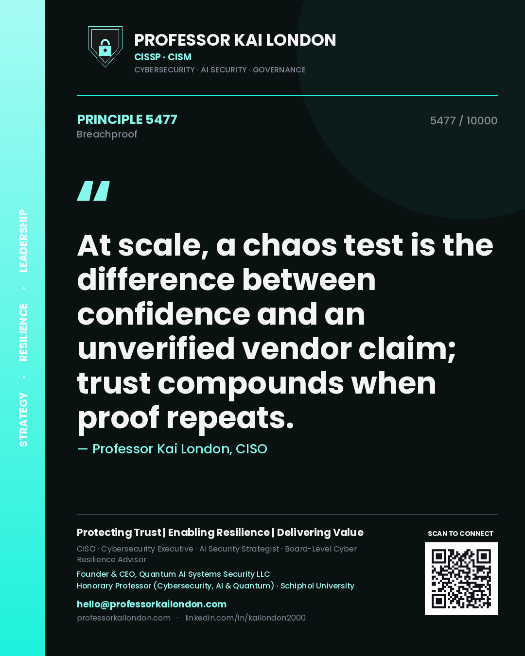 Professor Kai London principle 5477: At scale, a chaos test is the difference between confidence and an unverified vendor claim; trust compounds when proof repeats.