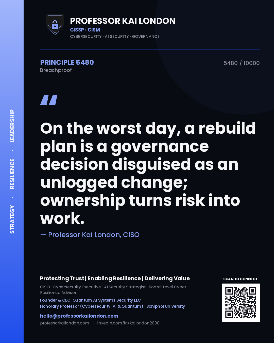 Professor Kai London principle 5480: On the worst day, a rebuild plan is a governance decision disguised as an unlogged change; ownership turns risk into work.