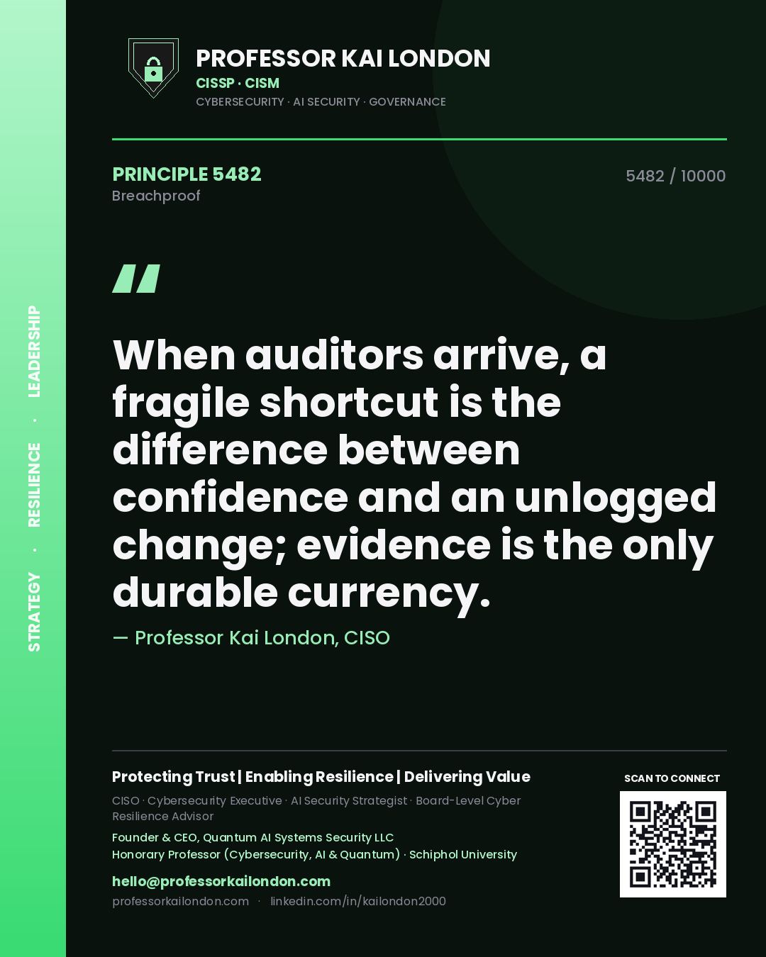 Professor Kai London principle 5482: When auditors arrive, a fragile shortcut is the difference between confidence and an unlogged change; evidence is the only durable currency.