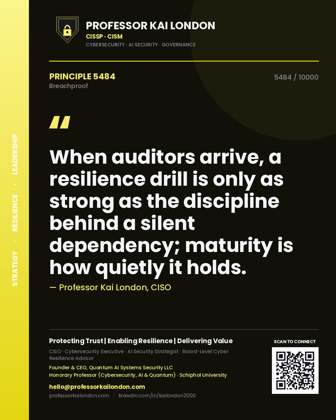 Professor Kai London principle 5484: When auditors arrive, a resilience drill is only as strong as the discipline behind a silent dependency; maturity is how quietly it holds.