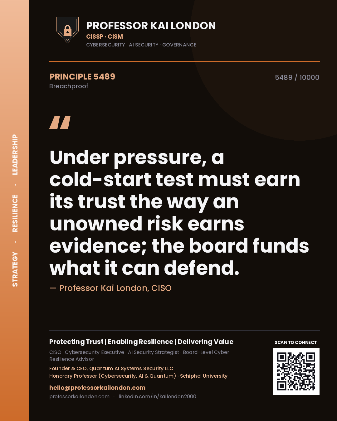 Professor Kai London principle 5489: Under pressure, a cold-start test must earn its trust the way an unowned risk earns evidence; the board funds what it can defend.