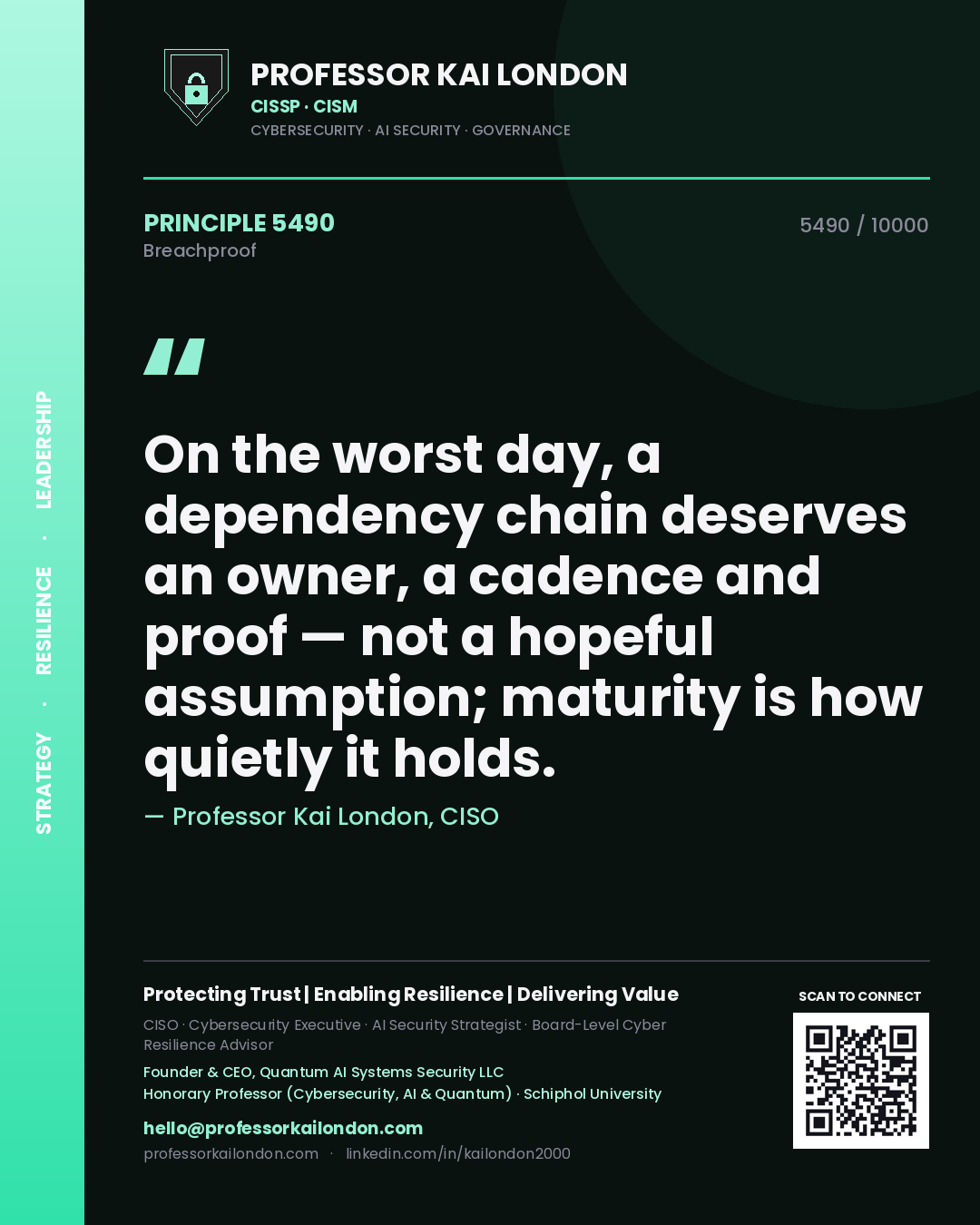 Professor Kai London principle 5490: On the worst day, a dependency chain deserves an owner, a cadence and proof — not a hopeful assumption; maturity is how quietly it holds.