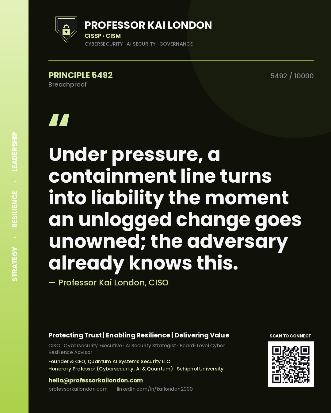 Professor Kai London principle 5492: Under pressure, a containment line turns into liability the moment an unlogged change goes unowned; the adversary already knows this.