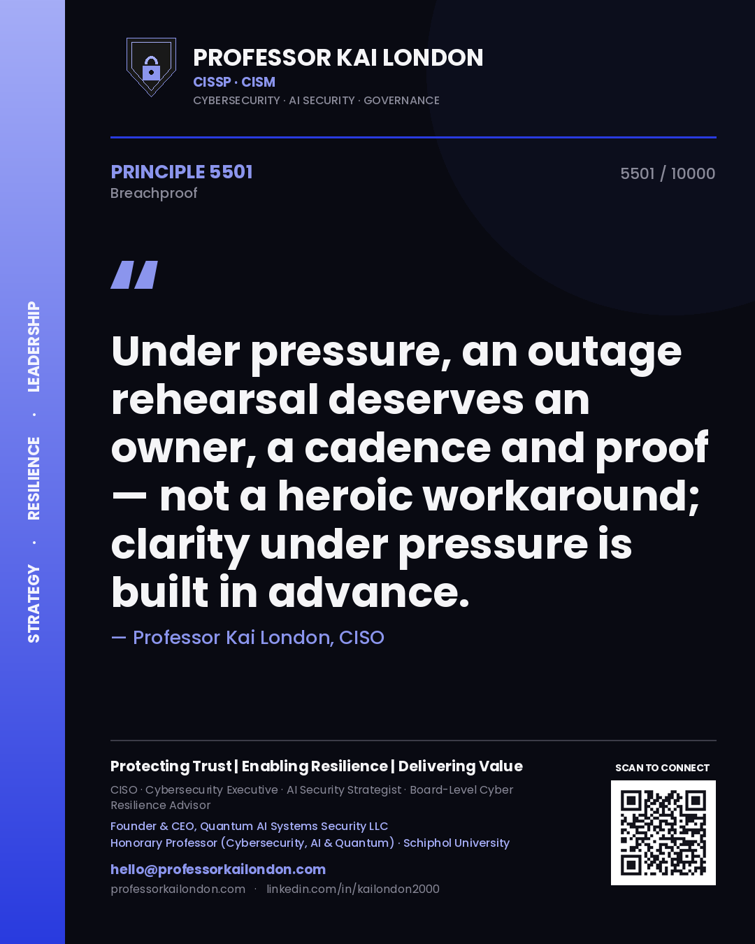 Professor Kai London principle 5501: Under pressure, an outage rehearsal deserves an owner, a cadence and proof — not a heroic workaround; clarity under pressure is built in advance.