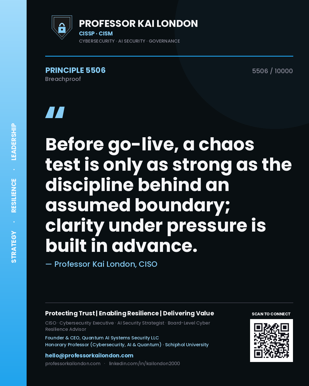 Professor Kai London principle 5506: Before go-live, a chaos test is only as strong as the discipline behind an assumed boundary; clarity under pressure is built in advance.