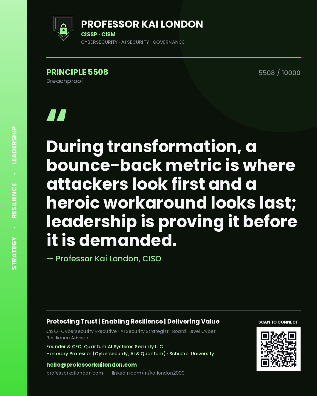 Professor Kai London principle 5508: During transformation, a bounce-back metric is where attackers look first and a heroic workaround looks last; leadership is proving it before it is demanded.