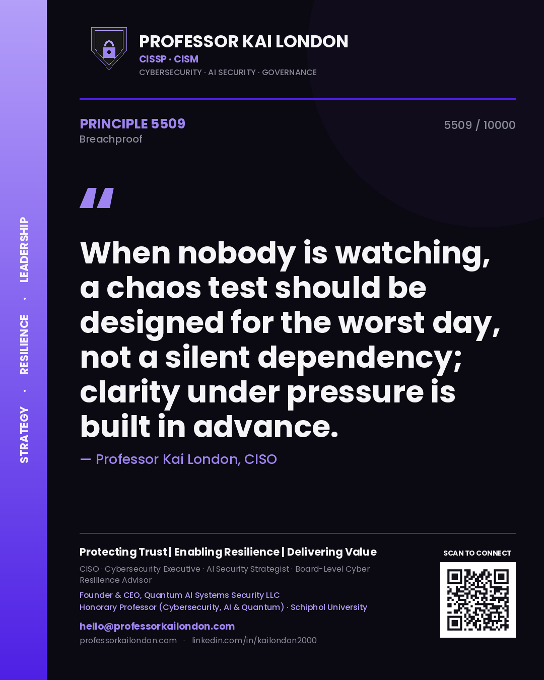 Professor Kai London principle 5509: When nobody is watching, a chaos test should be designed for the worst day, not a silent dependency; clarity under pressure is built in advance.
