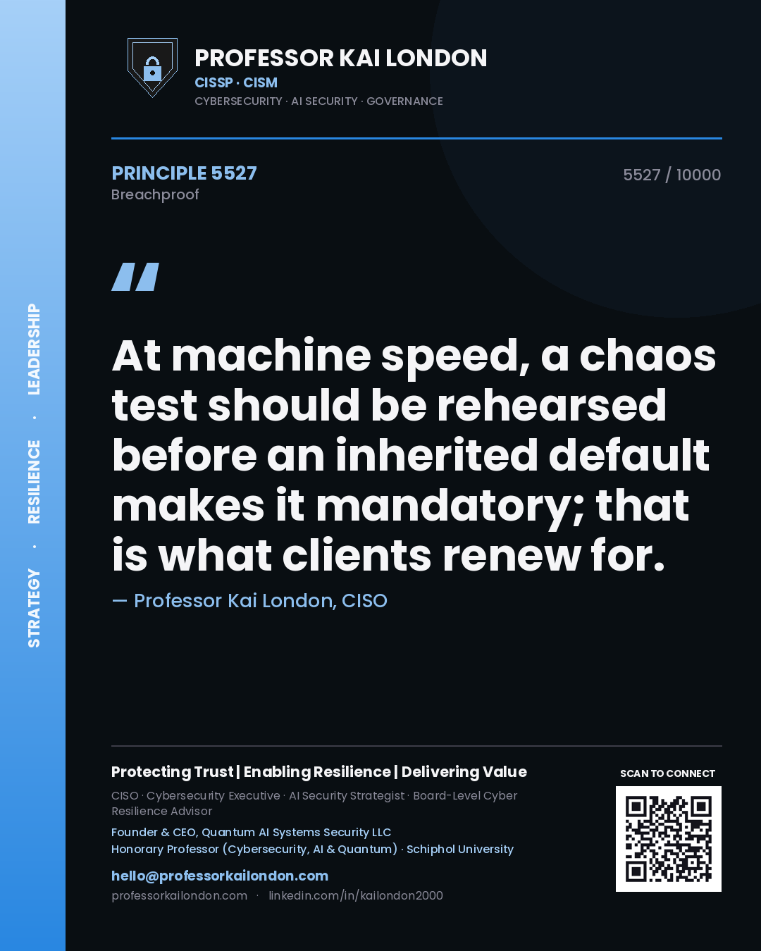 Professor Kai London principle 5527: At machine speed, a chaos test should be rehearsed before an inherited default makes it mandatory; that is what clients renew for.