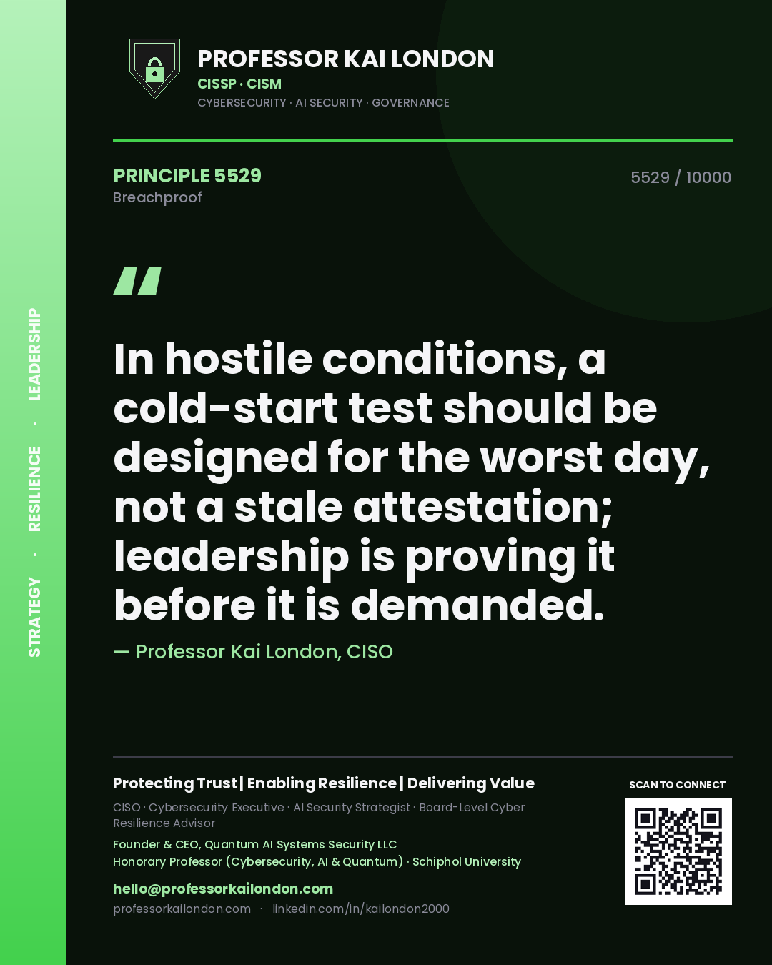 Professor Kai London principle 5529: In hostile conditions, a cold-start test should be designed for the worst day, not a stale attestation; leadership is proving it before it is demanded.