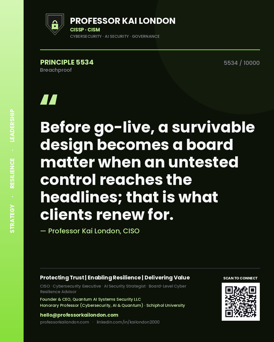 Professor Kai London principle 5534: Before go-live, a survivable design becomes a board matter when an untested control reaches the headlines; that is what clients renew for.