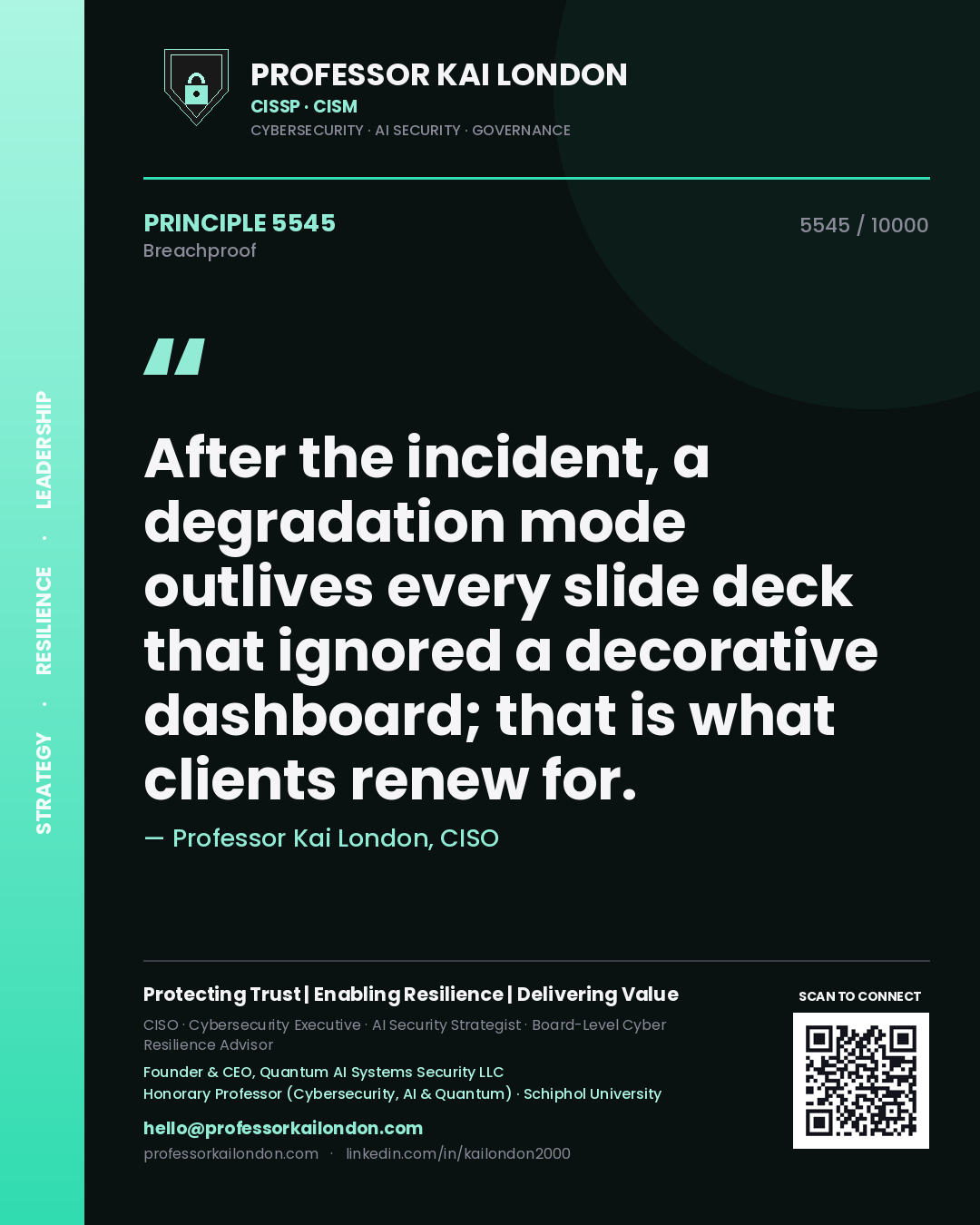 Professor Kai London principle 5545: After the incident, a degradation mode outlives every slide deck that ignored a decorative dashboard; that is what clients renew for.