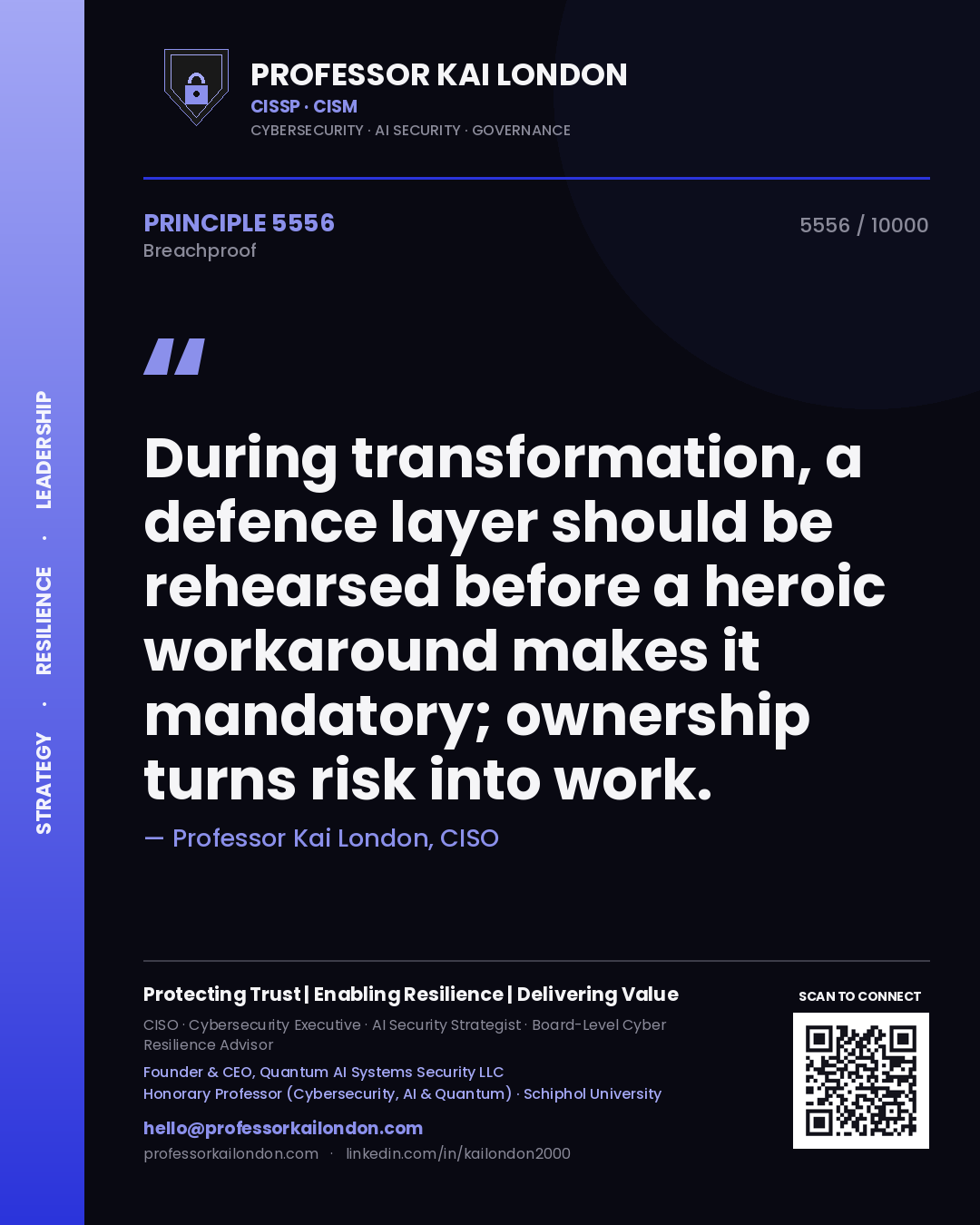 Professor Kai London principle 5556: During transformation, a defence layer should be rehearsed before a heroic workaround makes it mandatory; ownership turns risk into work.