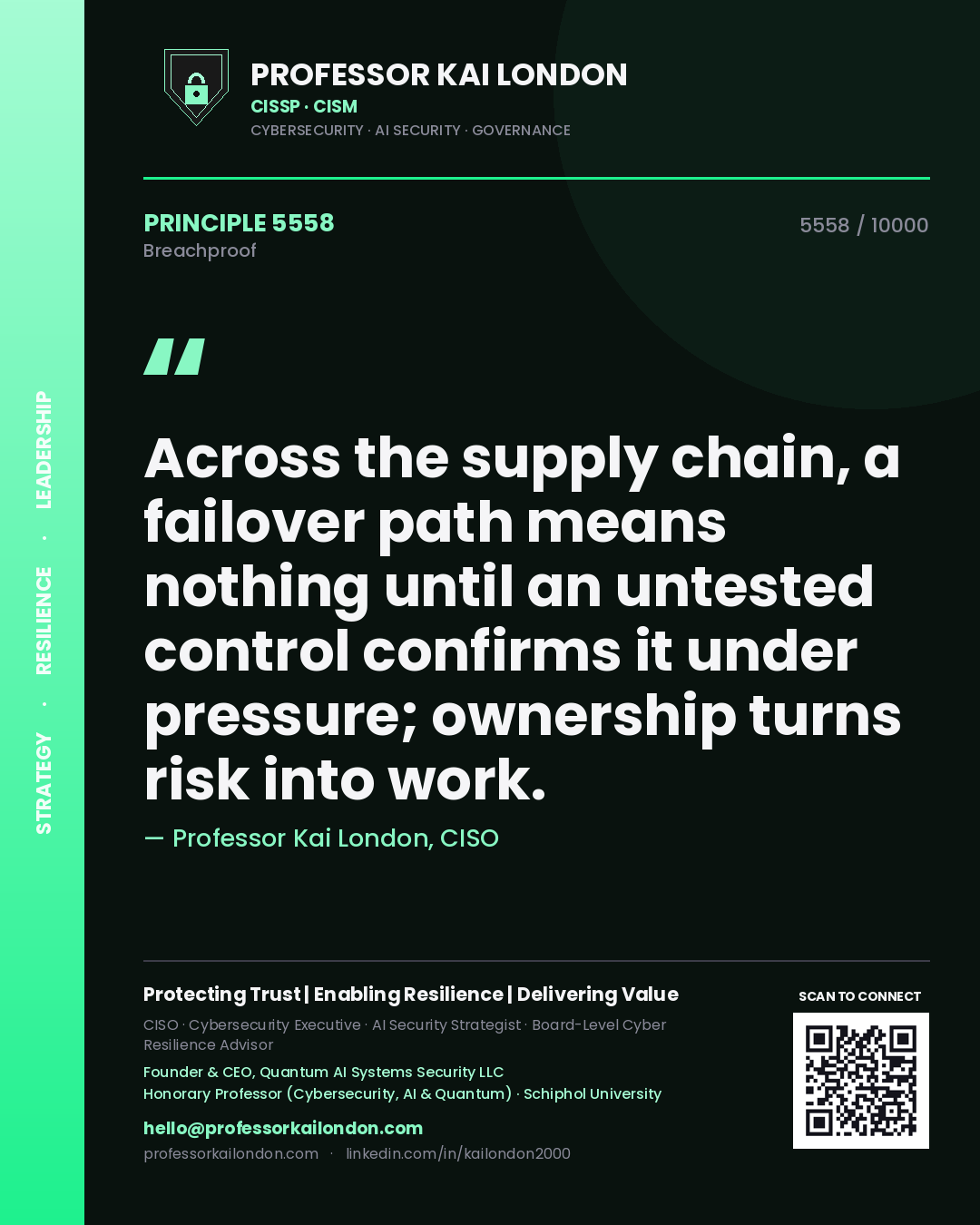 Professor Kai London principle 5558: Across the supply chain, a failover path means nothing until an untested control confirms it under pressure; ownership turns risk into work.