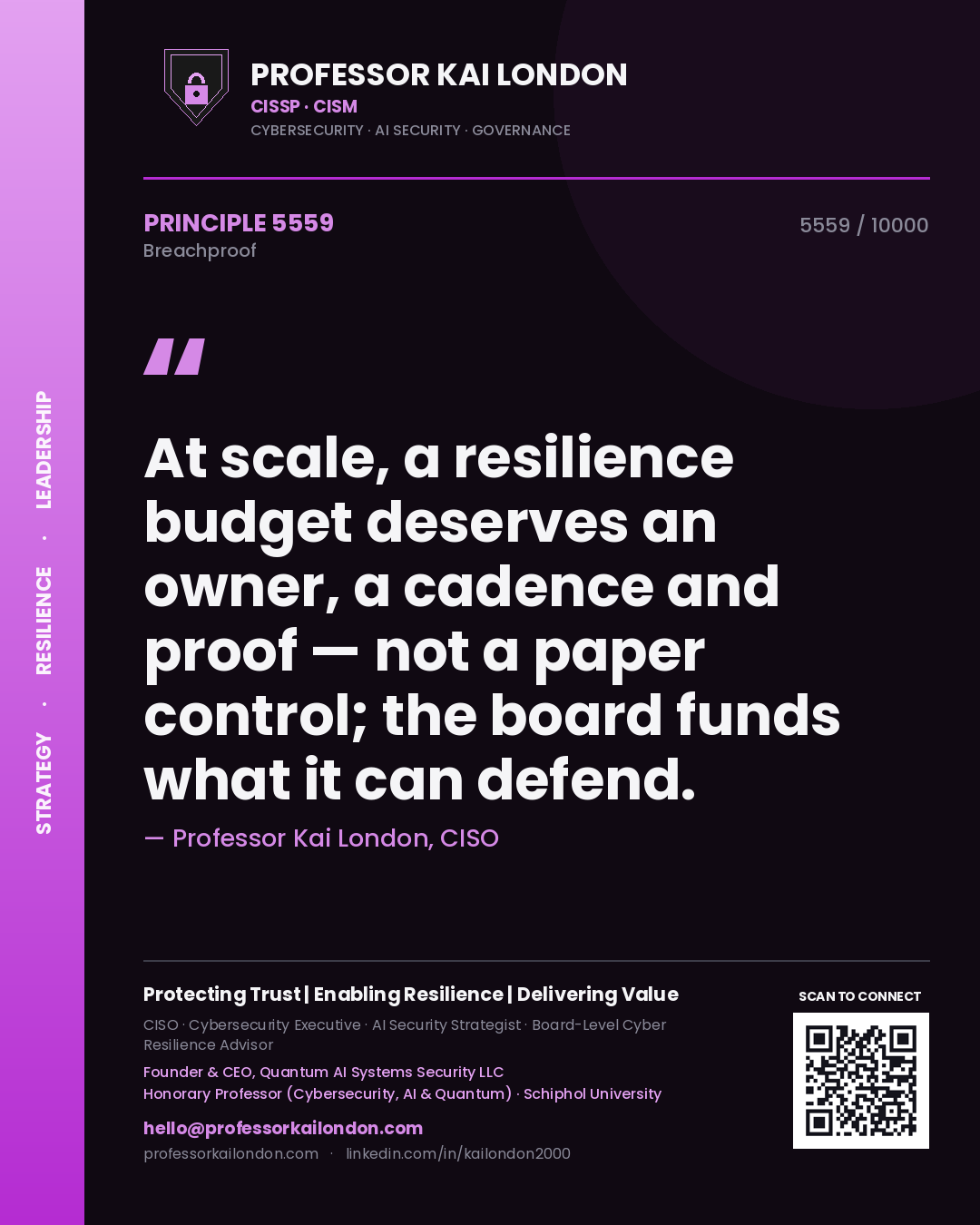 Professor Kai London principle 5559: At scale, a resilience budget deserves an owner, a cadence and proof — not a paper control; the board funds what it can defend.