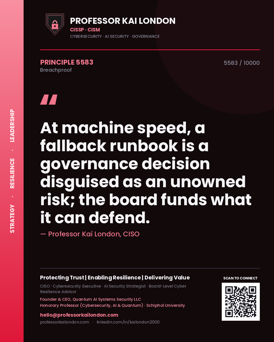 Professor Kai London principle 5583: At machine speed, a fallback runbook is a governance decision disguised as an unowned risk; the board funds what it can defend.