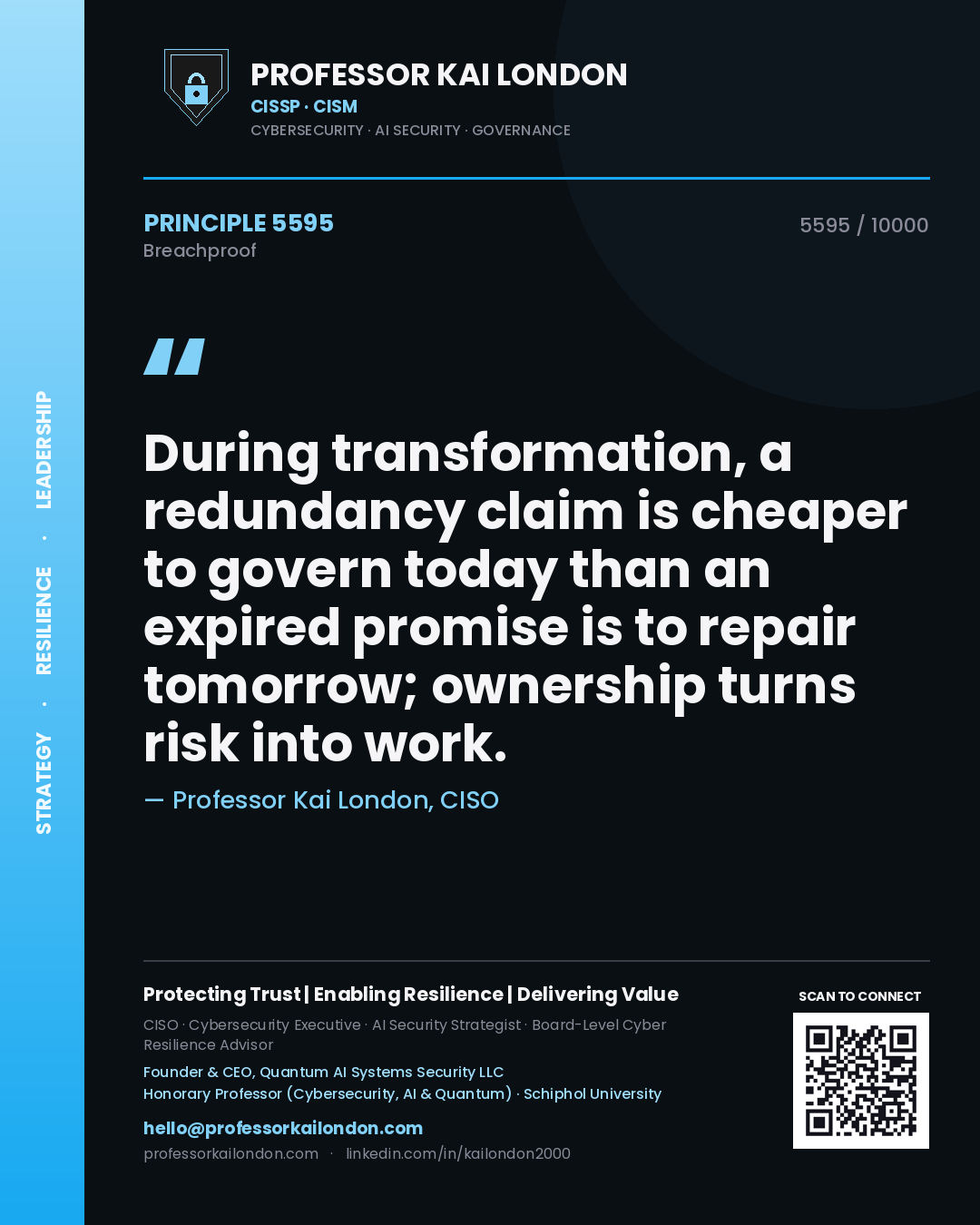 Professor Kai London principle 5595: During transformation, a redundancy claim is cheaper to govern today than an expired promise is to repair tomorrow; ownership turns risk into work.