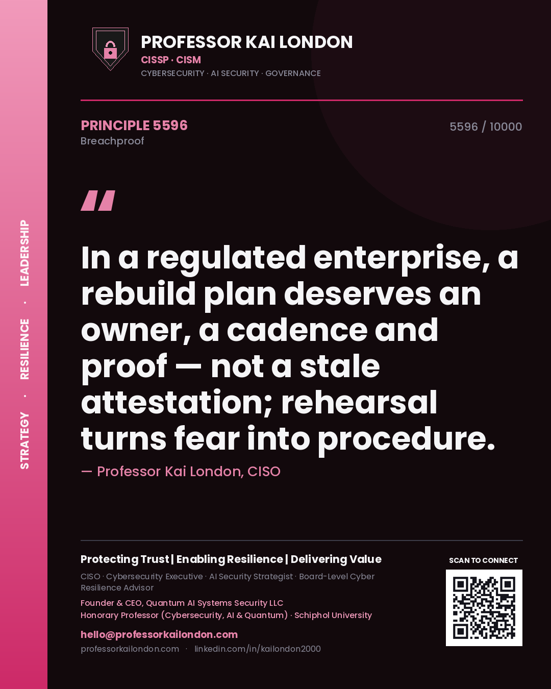Professor Kai London principle 5596: In a regulated enterprise, a rebuild plan deserves an owner, a cadence and proof — not a stale attestation; rehearsal turns fear into procedure.